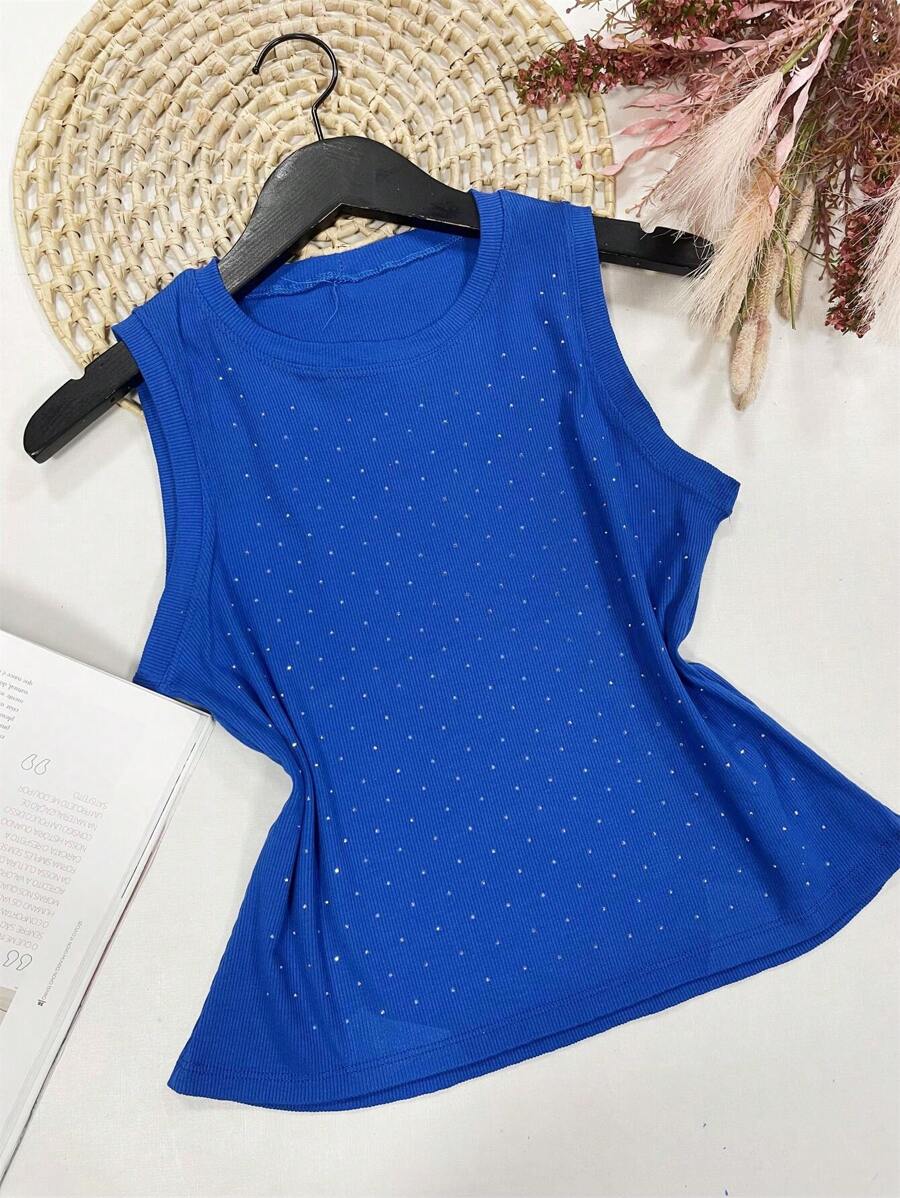 Tank Top, Very Stretchy Fabric, Front With Sequins - 寶藍色 - 查看 1