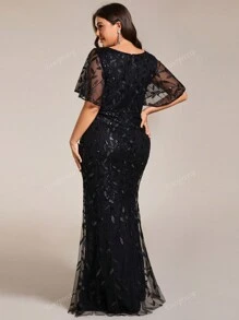 EVER-PRETTY Plus-size dames V-hals met pailletten, ruches en mouwen, zeemeerminjurk, formele jurk, feestjurk, bruiloftsgastjurk, avondjurk, jurk