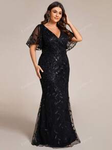 EVER-PRETTY Plus-size dames V-hals met pailletten, ruches en mouwen, zeemeerminjurk, formele jurk, feestjurk, bruiloftsgastjurk, avondjurk, jurk