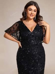 EVER-PRETTY Plus-size dames V-hals met pailletten, ruches en mouwen, zeemeerminjurk, formele jurk, feestjurk, bruiloftsgastjurk, avondjurk, jurk
