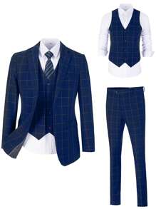Furuyal 3pcs Men's Adult Suit Set, Including Pants, Vest And Large Blue Plaid Jacket - Navy Blue - View 11