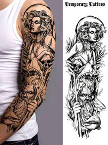 1 feuille de grand tatouage temporaire de manches à bras complet avec motifs de Méduse, Zeus et serpents pour femmes adultes, jambes, cuisses, épaules. Tatouages de manches réalistes, imperméables et longue durée pour hommes.