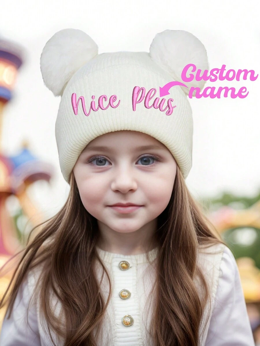 (Custom Made) 1pc Personalized Embroidered Elastic Knit Beanie Hat, Suitable For Daily Wear, 2-7Y Back To School Winter Gift Ideas Boy Girl Valentine's Day - Multicolor - View 1