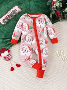 Christmas Santa Claus Print Infant Jumpsuit For Baby Boys & Girls - Red and White - View 2