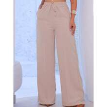 Duna Women's Wide Leg Pants With Elastic Waist And Pockets, High Waist - 駝色 - 查看 1