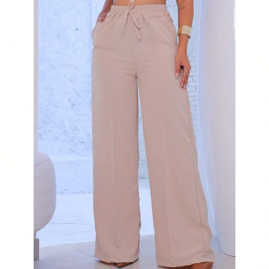 Duna Women's Wide Leg Pants With Elastic Waist And Pockets, High Waist - 駝色 - 查看 1