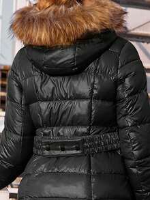 ZIAI Women's Casual Solid Color Winter Jacket, New Fashion Drawstring Slim Fit Thick Jacket, Women's Autumn/Winter Office Wear Fur Collar Hooded Winter Coat - Black - View 6