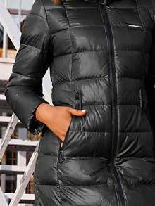 ZIAI Women's Casual Solid Color Winter Jacket, New Fashion Drawstring Slim Fit Thick Jacket, Women's Autumn/Winter Office Wear Fur Collar Hooded Winter Coat - Black - View 7