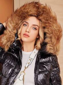 ZIAI Women's Solid Color Long Sleeve Zipper Shiny Fur Hooded Short Down Jacket - Black - View 7