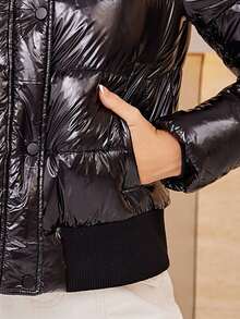 ZIAI Women's Solid Color Long Sleeve Zipper Shiny Fur Hooded Short Down Jacket - Black - View 10