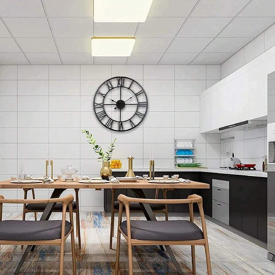 Vintage Large Wall Clock 60CM Vintage Black Round Metal Silent Non Ticking Battery Operated Clock Skeleton Roman Numerals Hanging Clock For Living Room Bedroom Kitchen - Black - View 1