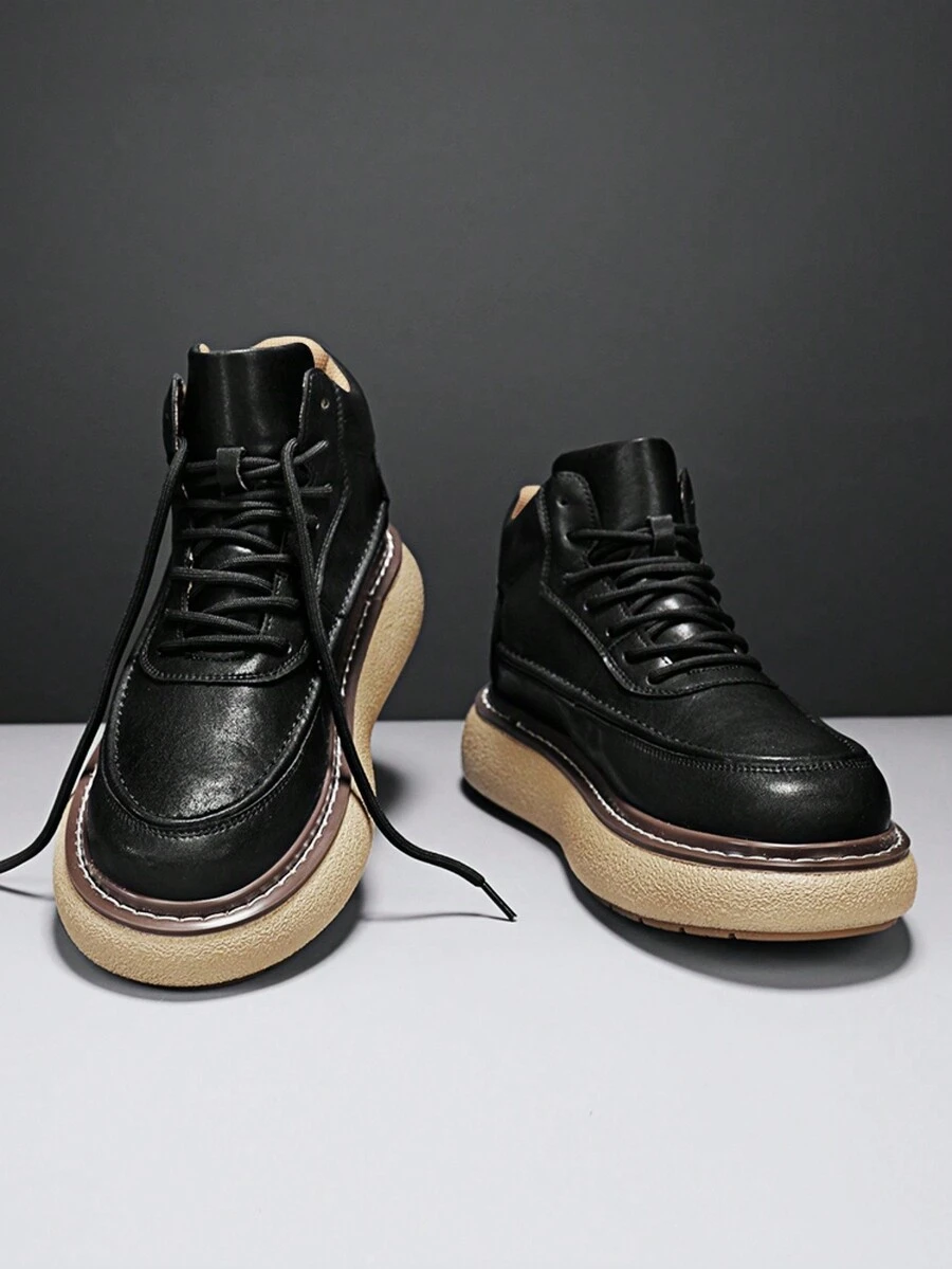 Giày thể thao cổ cao thường ngày cho nam, phong cách Anh cổ điển, đế dày, da cao cấp, thoải mái, không thấm nước, đế mềm - màu đen - Xem 1