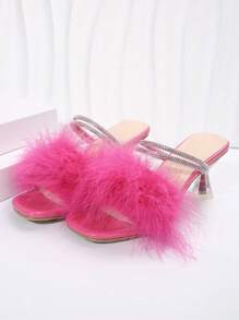 Summer New Peach Pink Thick High Heels Sexy Transparent Crystal Furry Slippers, Wear-Out Fashionable Open Toe Sandals - Hot Pink - View 5