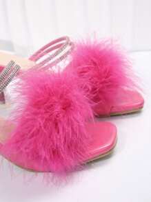 Summer New Peach Pink Thick High Heels Sexy Transparent Crystal Furry Slippers, Wear-Out Fashionable Open Toe Sandals - Hot Pink - View 8