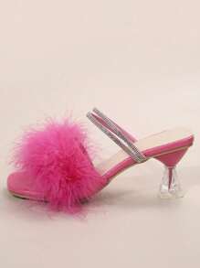 Summer New Peach Pink Thick High Heels Sexy Transparent Crystal Furry Slippers, Wear-Out Fashionable Open Toe Sandals - Hot Pink - View 4