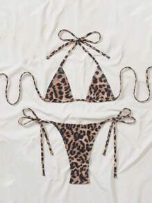 Women's Sexy Leopard Print Thong Bikini Swimsuit With Blue Rhinestone String Decor, For Summer Holiday - Multicolor - View 3