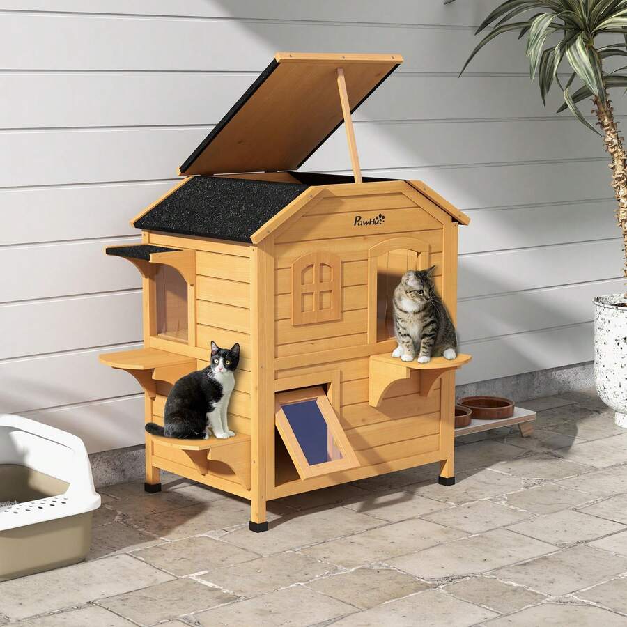2Story Cat House Outdoor, WeatherproofWooden Cat Enclosure For Feral