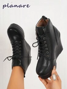 Women's Motorcycle Boots, Short Shaft Boots With Thick Heel, Slip-On Lace-Up Thick Sole Platform Ankle Boots, Comfortable Round Toe Black Shoes, Rubber Ankle Boots And Booties For Autumn/Winter, Women's Fashion Boots And Shoes,Match Red Dress