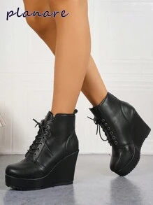 Women's Motorcycle Boots, Short Shaft Boots With Thick Heel, Slip-On Lace-Up Thick Sole Platform Ankle Boots, Comfortable Round Toe Black Shoes, Rubber Ankle Boots And Booties For Autumn/Winter, Women's Fashion Boots And Shoes,Match Red Dress