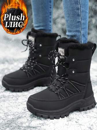 女士羊毛雪地靴，时尚中筒冬靴，户外系带运动登山靴，休闲冬鞋，黑色