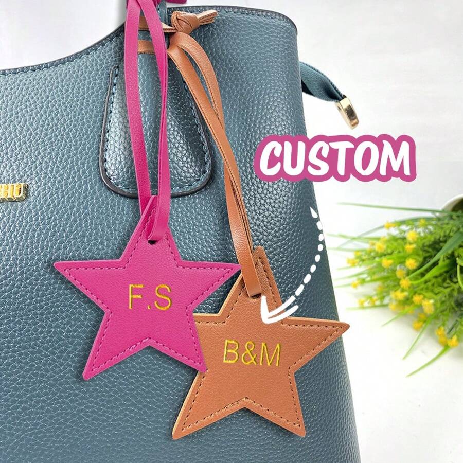Customized Initials 1pc Five Pointed Star PU Leather Women Luggage Pendant, Monogrammed Star Shape Bag Pendant Gift, Personalized PU Leather Buckle Star Keychain, Star Shape Ladies Bag Charms, Tassels For Jewelry Making Key Chain DIY Craft Accessories - Multicolor - View 1