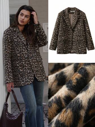 Leopard Print Oversized Basic Woolen Blazer