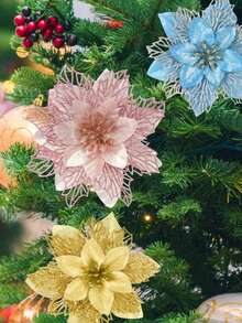 10 件套闪光一品红树饰品 - 带夹子和茎的人造一品红花朵，适用于节日花环装饰和新年假期装饰婴儿洗礼家庭装饰礼物 - 彩色 - 查看 7