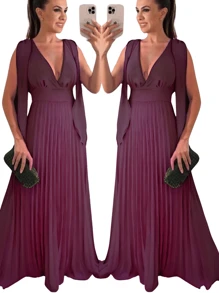 Long Pleated Dress V-Neckline Bridesmaid Dress For Wedding Graduation And Parties - 紫紅色 - 查看 2