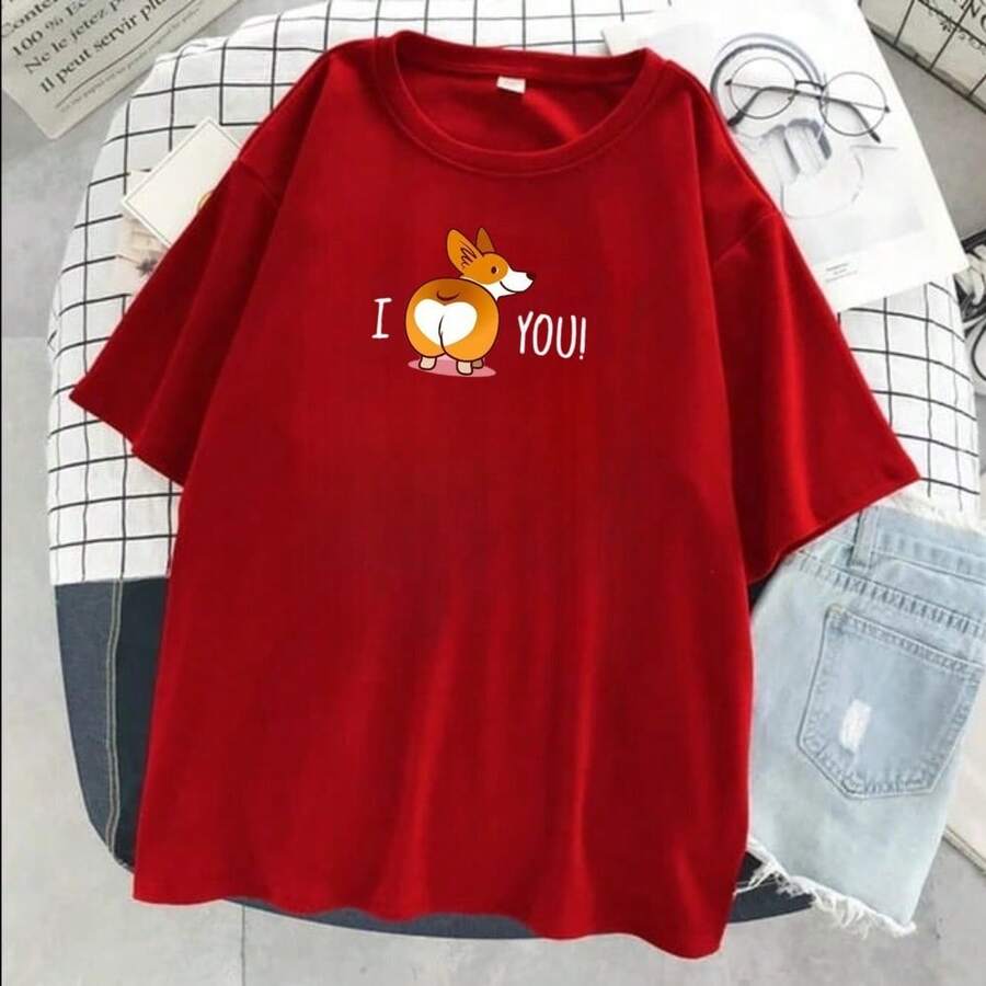 I Love You T-Shirt Cute Dog Shirt Blouse Unisex Men Women 100% Cotton Top Premium Streetwear New Release Fast Shipping Various Colors!! Plus Size - Đỏ - Xem 1