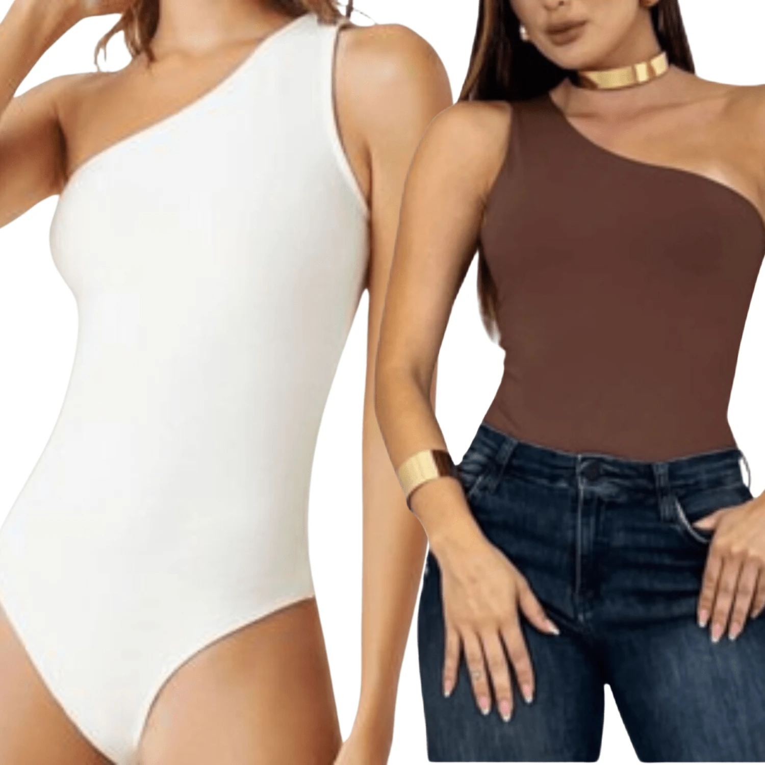 KIT 2 Women's Suplex Mula Manca Bodysuit With Lining Thin Strap One Shoulder - PUTIH DAN COKELAT - View 1