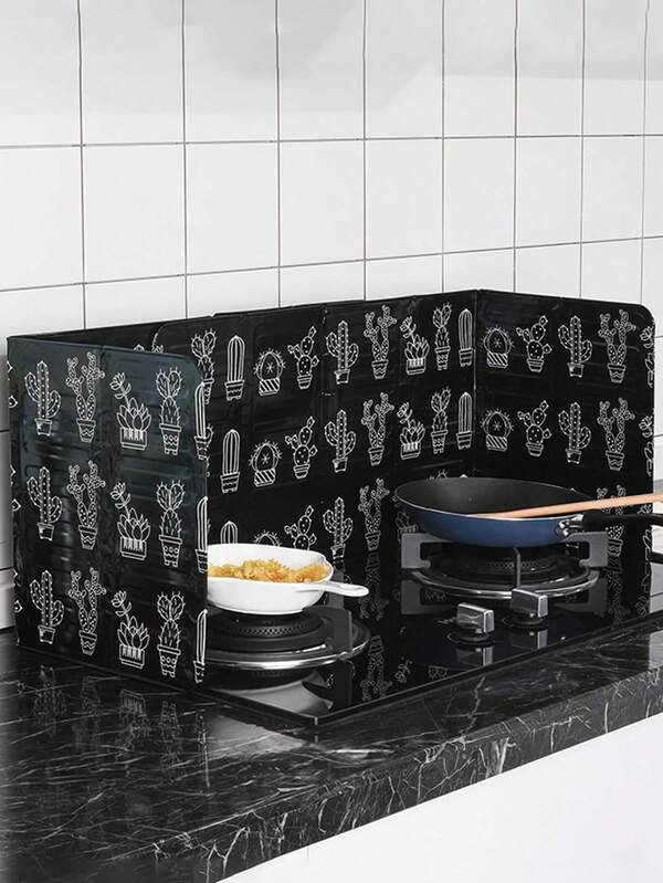 1pc Foldable Kitchen Stove Splash Guard, Heat-Resistant Aluminum Oil Barrier Protector, Printed Foil Heat Insulation Panel - For Kitchen & Dining Room Use (For Double Stove, 2 Panels Need To Be Purchased)