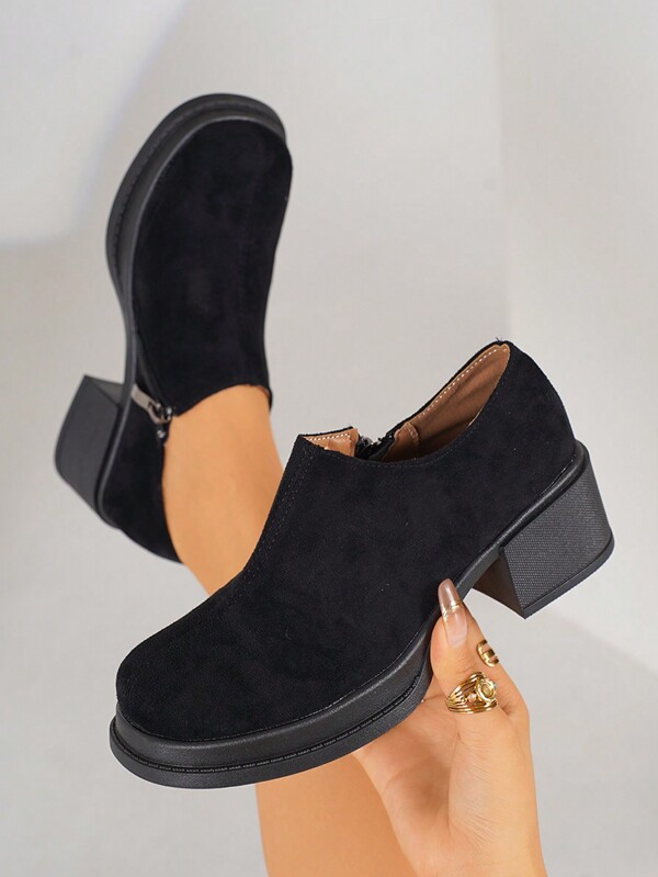 Novos sapatos de couro de camurça de veado com zíper Mary Jane retrô, salto grosso, plataforma baixa, estilo francês, saltos grossos e versáteis, bico quadrado, adequados para outono/inverno