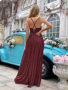 QOQ Shiny Bridesmaid Dress, Fashionable Girl's Formal Gown, Women's Long Formal Dress Suitable For Weddings, Formal Events, Wedding Guests, Galas, Engagement Parties, Pleated High Slit Hem Sleeveless Dress - Burgundy - View 3