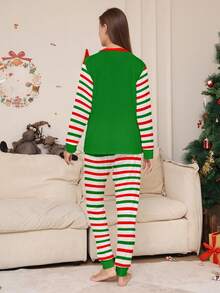 2件套女士圣诞新款绿红条纹印花长袖上衣和裤子休闲家居睡衣套装，秋冬服装 - 彩色 - 查看 2