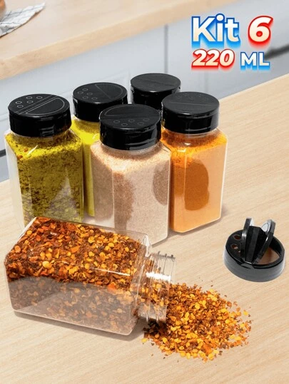 dia dos pais6 220ml Plastic Spice Rack Reinforced Double Dosing Lid For Grill Spices Coarse Salt Pepper Seasonings Organizes Kitchen Pantry Cupboard + Labels