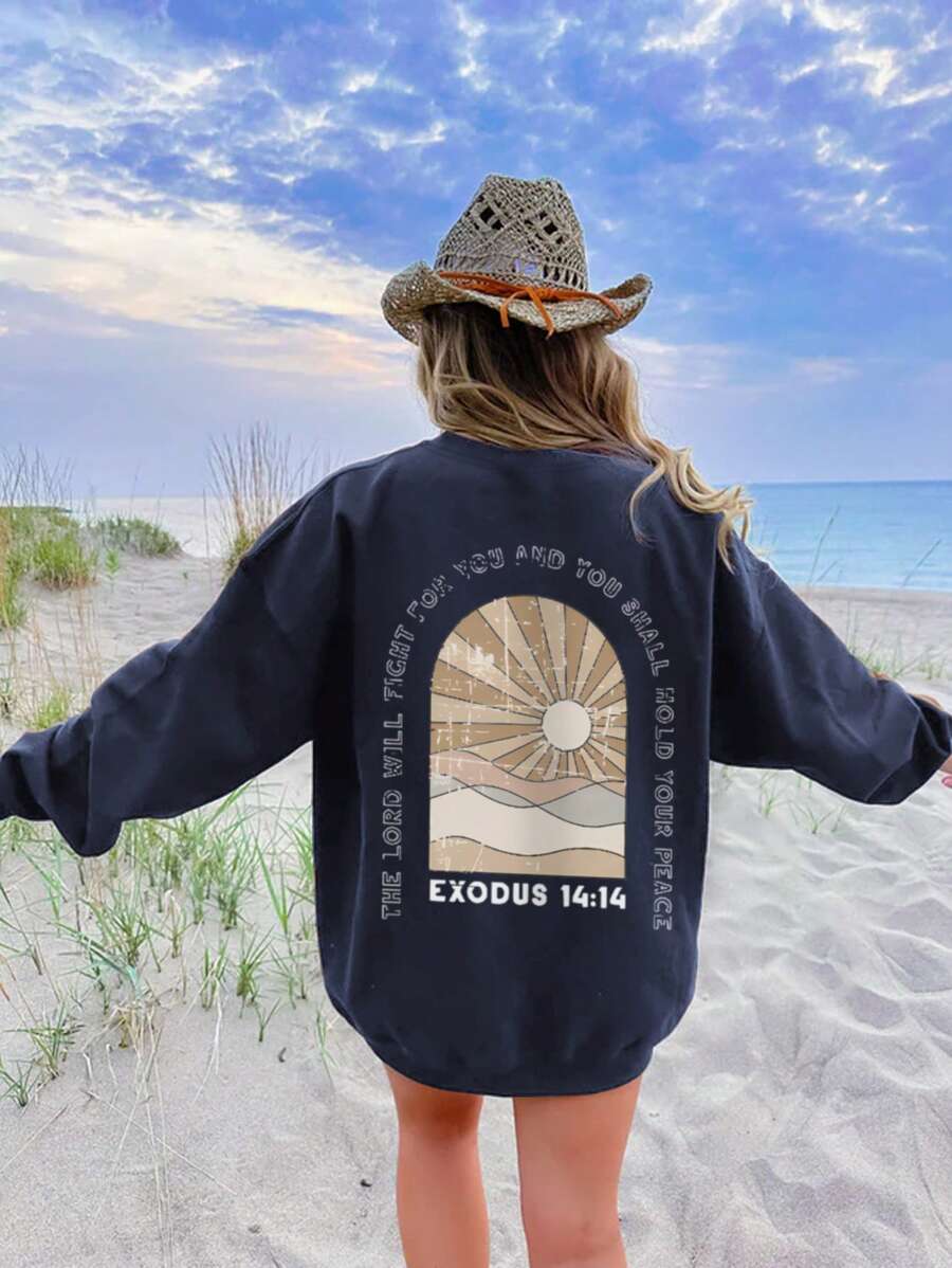 Women's Casual Sun Slogan Print Crew Neck Sweatshirt For Daily Wear, Autumn