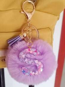Initial Letter Keychain Pendant Resin Letter Keychain Wallet Backpack Accessory, Purple Fur Ball And Letters, Is The Best Gift For Family And Loved Ones, Letters A-Z Are Available For Selection, Fashionable Items, Alphabet Pendant For Bags - Purple - View 5