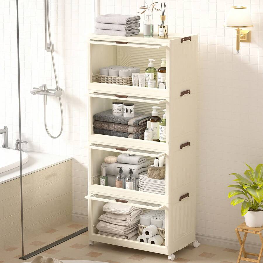 4 层带盖塑料储物箱 78QT，带轮可堆叠储物箱，折叠式储物箱，可折叠储物箱，壁橱整理器和储物架，适用于客厅、办公室、宿舍户外装饰