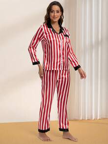 Women's New Spring And Autumn Pajamas Set Long Sleeve Pajamas Long Pajama Pants Home Wear Can Wear Red And White Striped Lapel Buttons Have Pockets Casual Comfort - Red - View 2