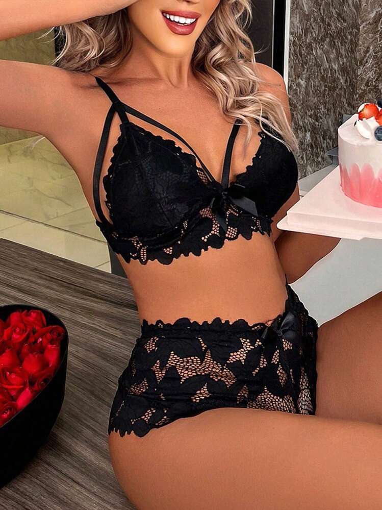 Ning xue yan ying 2 piezas Conjunto de ropa interior y lencería femenina con panty triangular de cintura alta, cuello en V, malla transparente y decoración de lazo - Negro - Añade 1