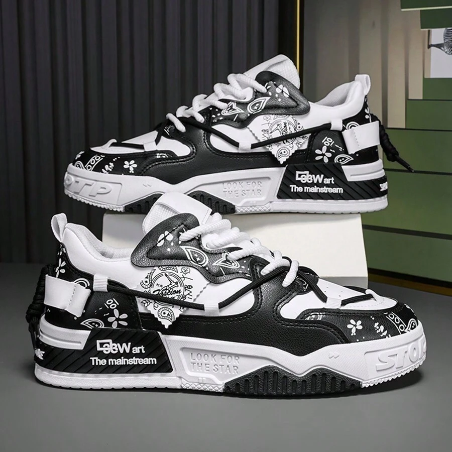 Non-Slip And Durable Casual Lace-Up Sneakers, Street Skateboarding Shoes Suitable For Outdoor Activities, Versatile Fashion Platform Breathable Running Shoes. - 黑色 - 查看 1