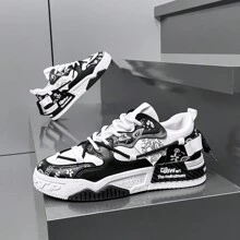 Non-Slip And Durable Casual Lace-Up Sneakers, Street Skateboarding Shoes Suitable For Outdoor Activities, Versatile Fashion Platform Breathable Running Shoes. - 黑色 - 查看 2