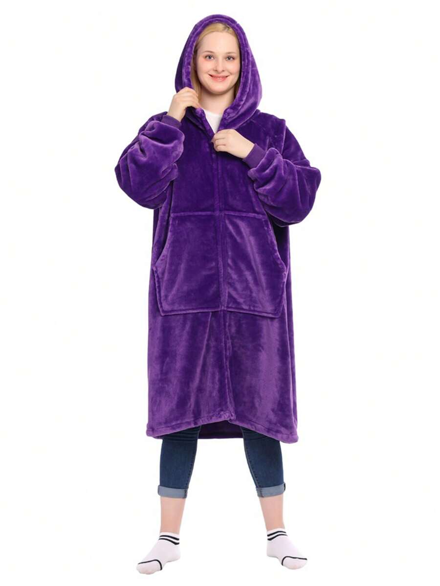 1 Pcs Wearable Blanket Sweatshirt For Women And Men, Warm And Cozy Oversized Blanket Hoodie, Thick Flannel Blanket With Full Zipper And Giant Pocket, Birthday Gifts For Women, Sister, Teen Girl Gifts - Zip Dark Purple - View 1