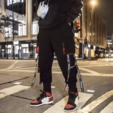 Pantalones deportivos Hip Hop Harem para hombre, pantalones tácticos con cordón,estilo punk, estilo cargo, holgados, estilo hip hop, harén, ropa de calle - Negro - Ver 3