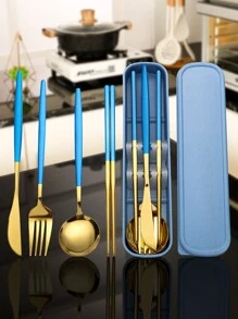 5 件便携式餐具套装，高品质不锈钢，含刀、勺、叉、筷子、储物盒 - 非常适合旅行、办公室、学校、野餐、定制家庭套装、派对和婚礼、学校用品