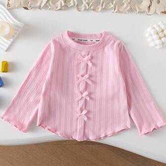 年轻女孩秋冬蝴蝶结甜美长袖 T 恤，百搭打底衫