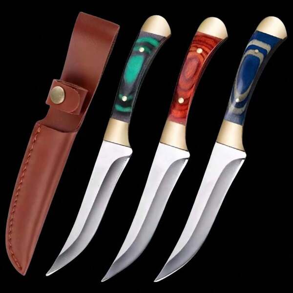 Couteau de poche de 7,6 pouces avec lame en acier inoxydable et manche en bois coloré avec étui, parfait pour le camping et les barbecues en famille