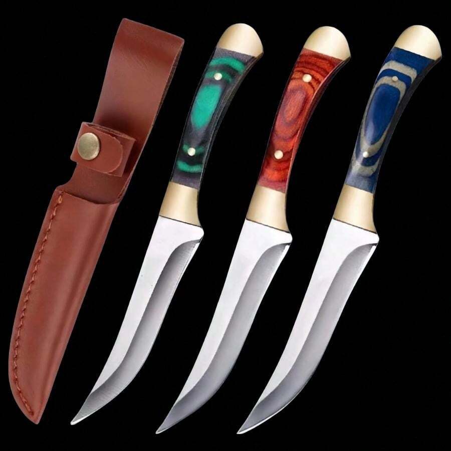 Couteau de poche de 7,6 pouces avec lame en acier inoxydable et manche en bois coloré avec étui, parfait pour le camping et les barbecues en famille