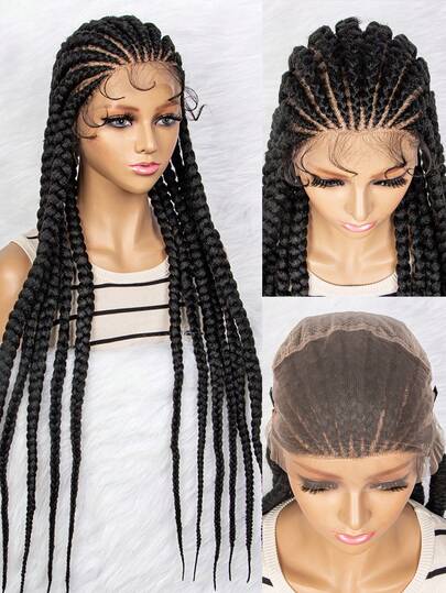 Full Lace Braided Wigs For Women Box Braids Full Lace Front Wig With Baby Hair Lightweight Synthetic Lace Frontal Black Cornrow Lace Wigs (Black)