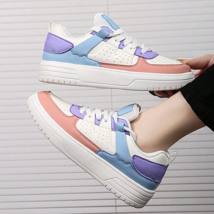 女士渐变色经典系带运动鞋厚底减震滑板鞋派对鞋生日礼物学生鞋 - 白粉色藍 - 查看 1